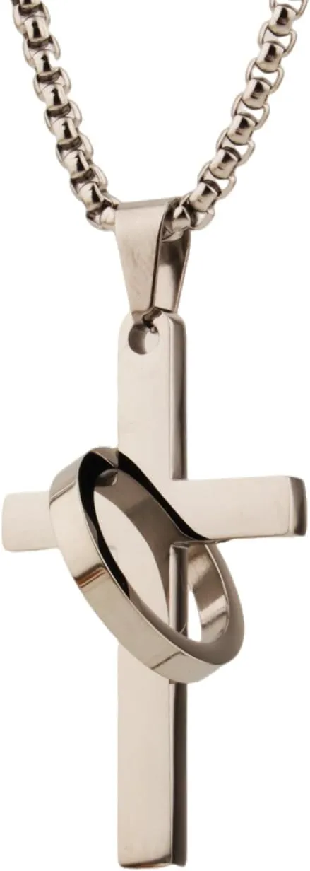Cross Necklace for Men,Cross & Ring Halo Stainless Steel Pendant Necklace with 23.6 1.96" Chain