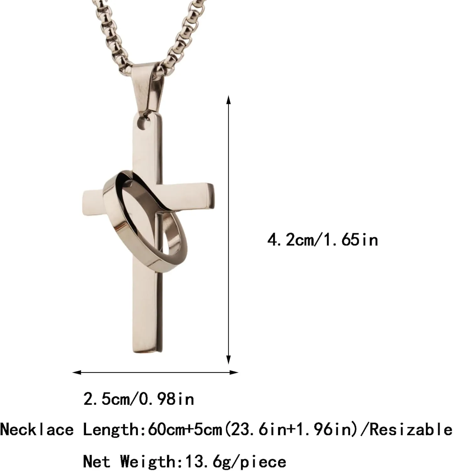 Cross Necklace for Men,Cross & Ring Halo Stainless Steel Pendant Necklace with 23.6 1.96" Chain