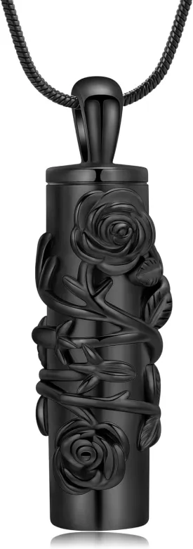 Cylinder Urn Necklace for Ashes Roseflower Cremation Jewelry Urn Ashes Necklace for Women Men Memorial Keepsake Necklace of Loved One