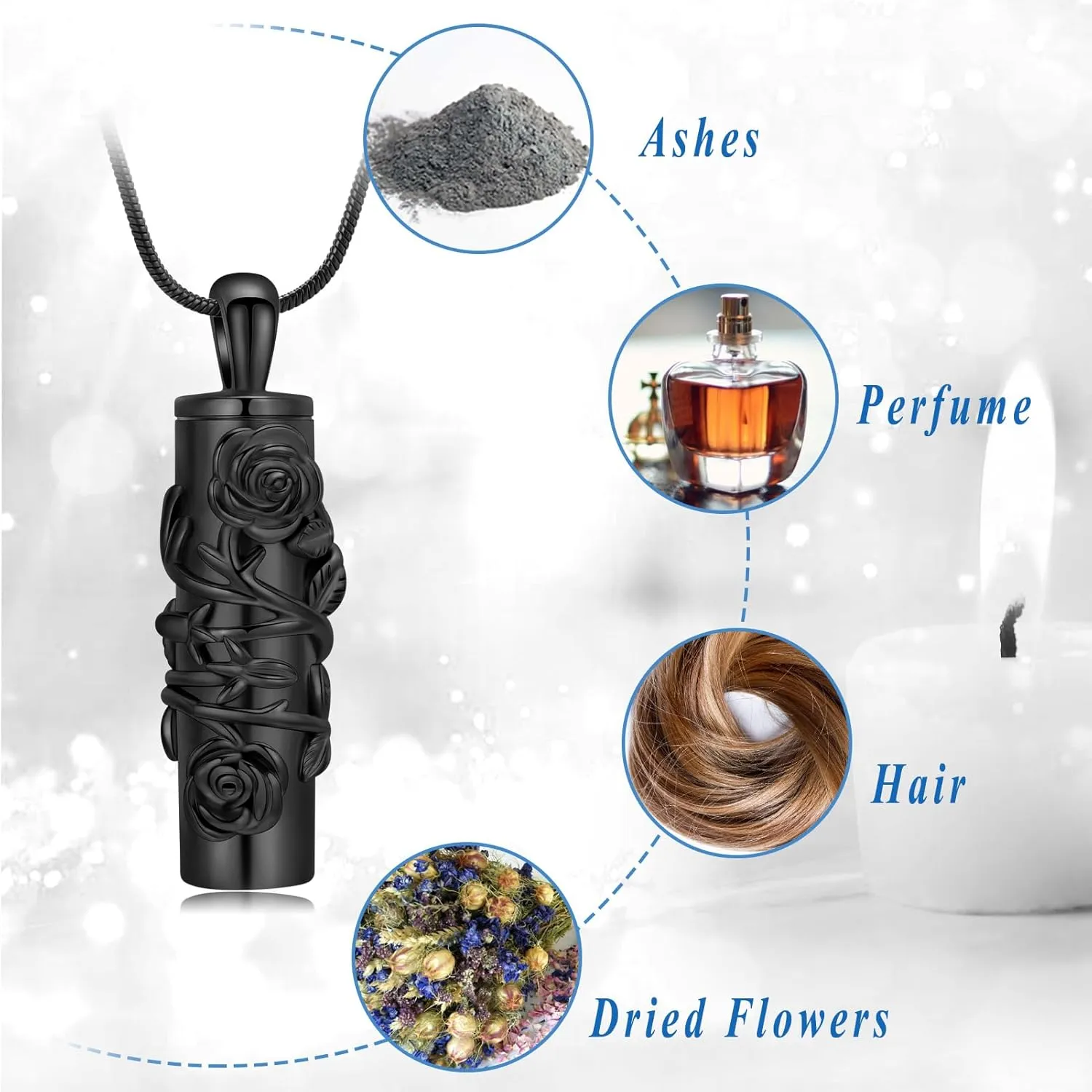 Cylinder Urn Necklace for Ashes Roseflower Cremation Jewelry Urn Ashes Necklace for Women Men Memorial Keepsake Necklace of Loved One
