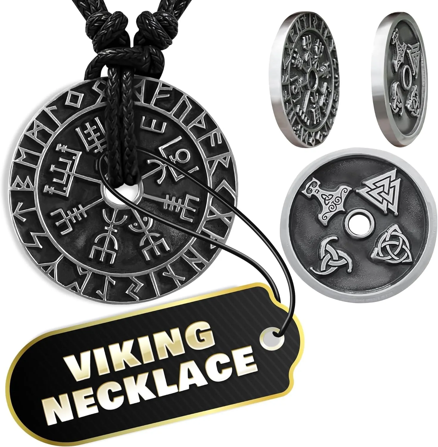 Double-Sided Viking Necklace for Men ?C Vegvisir Rune Compass, Thor??s Hammer, Valknut & Triquetra Amulet ?C Norse Protection Coin Pendant, 1.3" Nordic Jewelry Talisman