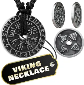 Double-Sided Viking Necklace for Men ?C Vegvisir Rune Compass, Thor??s Hammer, Valknut & Triquetra Amulet ?C Norse Protection Coin Pendant, 1.3" Nordic Jewelry Talisman