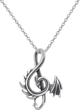 Dragon Music Note Pendant Necklace for Women Men Punk Cool Personalized Pterodactyl Animal Flying Wings Dragons Vintage Chain Necklace for Halloween Party Birthday Fashion Jewelry Gifts