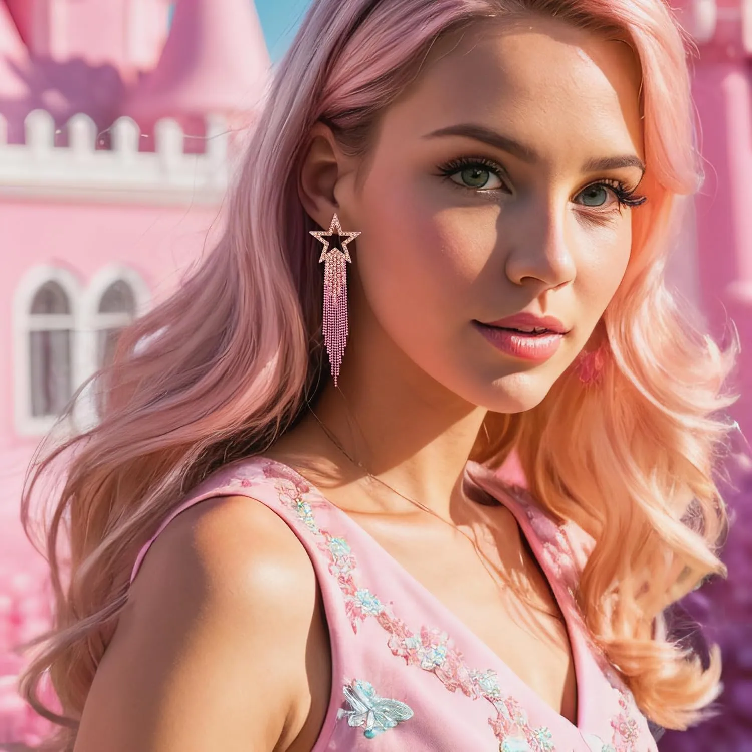 EVER FAITH Star Tassel Earrings for Women, Rhinestone Crystal Long Waterfall Beaded Fringe Chandelier Dangle Drop Statement Earring Wedding Party Jewelry