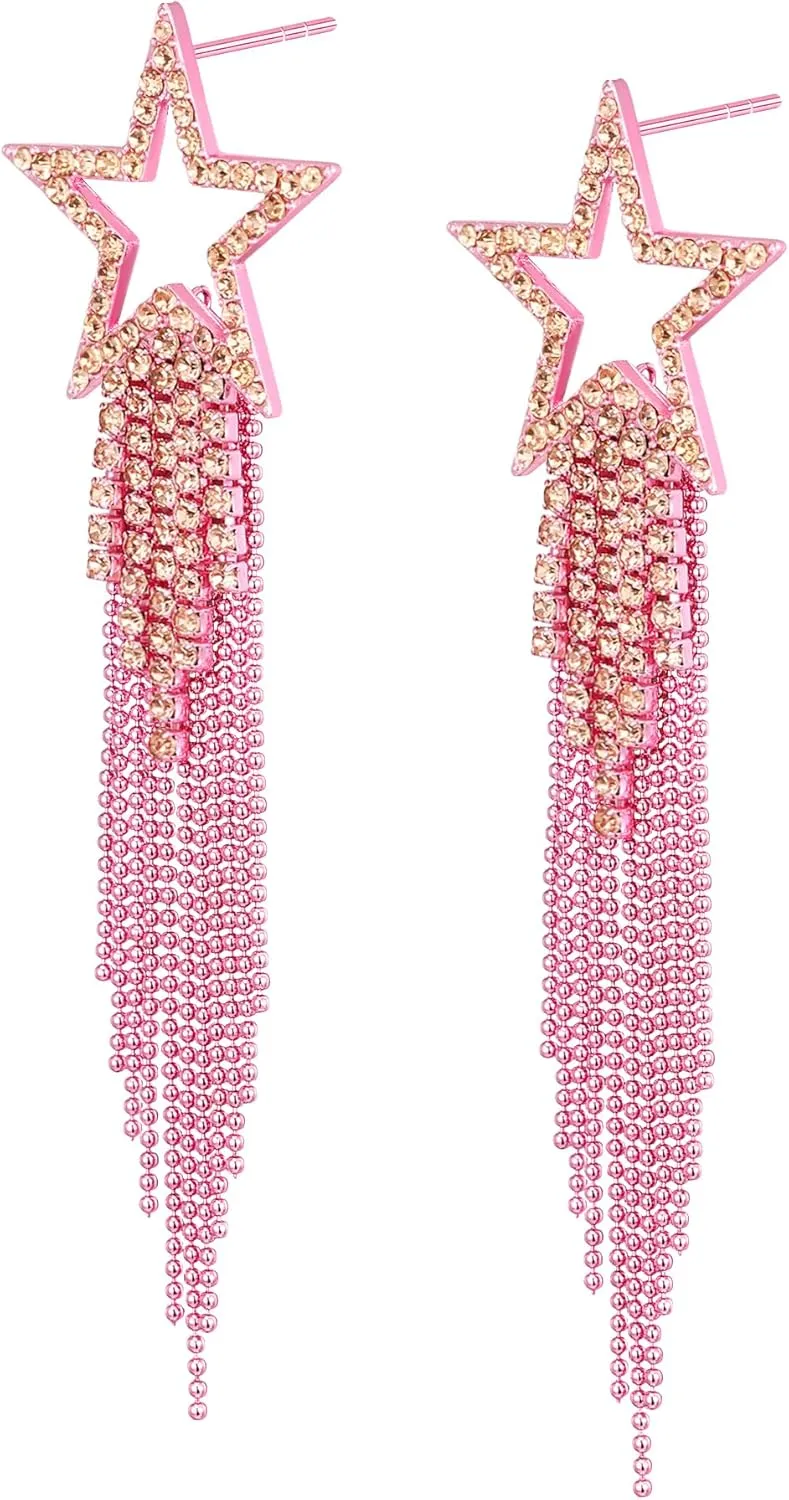 EVER FAITH Star Tassel Earrings for Women, Rhinestone Crystal Long Waterfall Beaded Fringe Chandelier Dangle Drop Statement Earring Wedding Party Jewelry