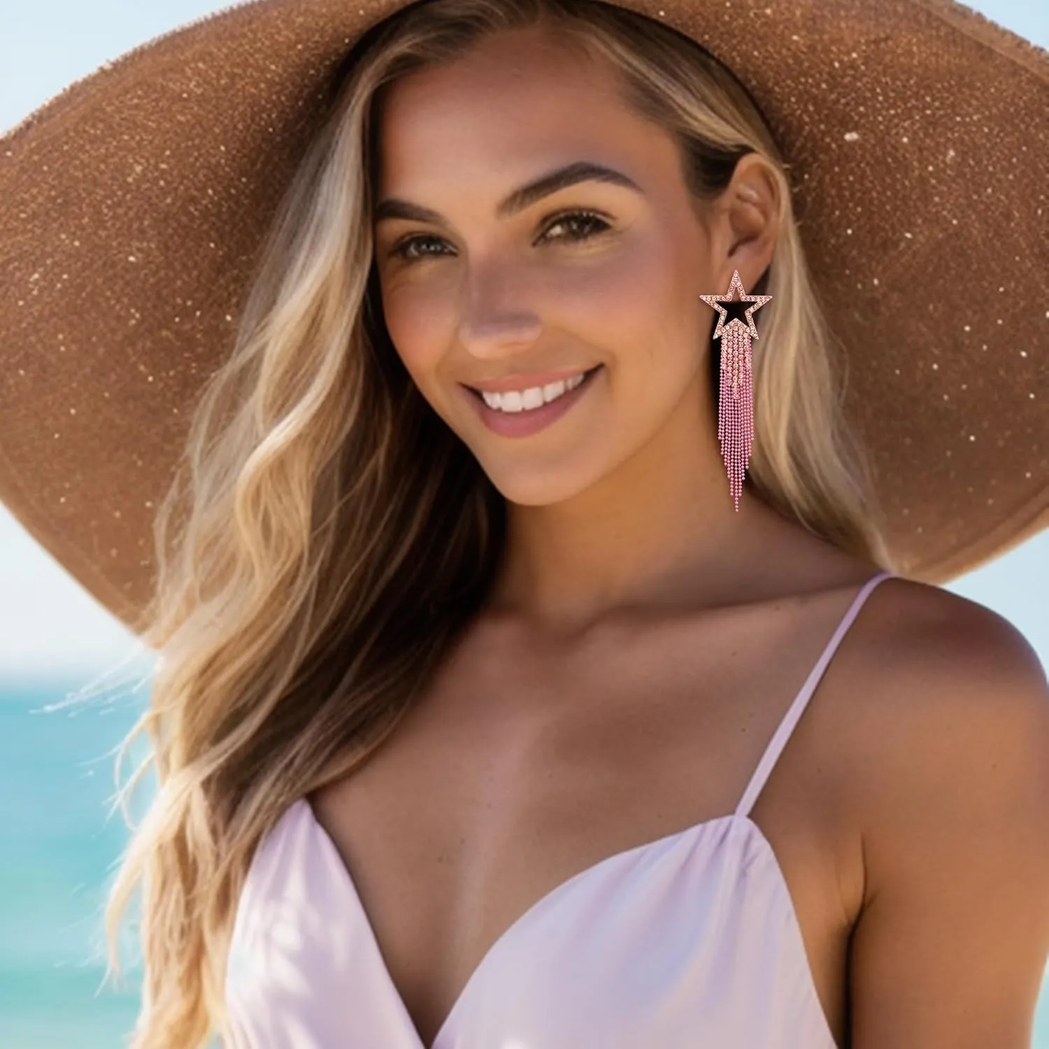 EVER FAITH Star Tassel Earrings for Women, Rhinestone Crystal Long Waterfall Beaded Fringe Chandelier Dangle Drop Statement Earring Wedding Party Jewelry
