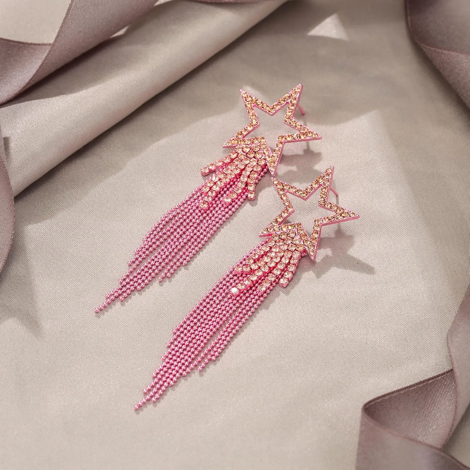EVER FAITH Star Tassel Earrings for Women, Rhinestone Crystal Long Waterfall Beaded Fringe Chandelier Dangle Drop Statement Earring Wedding Party Jewelry