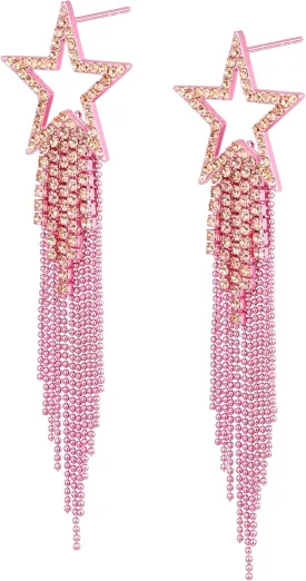 EVER FAITH Star Tassel Earrings for Women, Rhinestone Crystal Long Waterfall Beaded Fringe Chandelier Dangle Drop Statement Earring Wedding Party Jewelry
