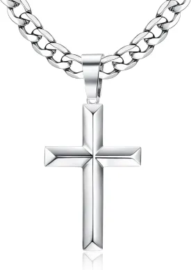 Fansilver 925 Sterling Silver Cross Pendant Necklace Diamond-Cut Cuban Link Chain Necklace Highly Polished Beveled Edge Cross Chain Necklace Silver Cross Necklace for Men Women 18-30 Inches