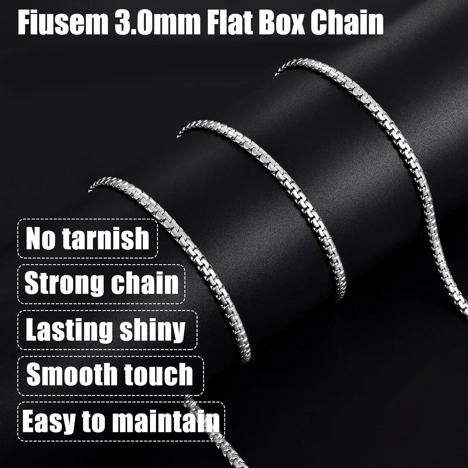 Fiusem Flat Box Chains for Men, 2.5/3/4/4.5/5mm Silver Tone Box Chain Necklace, Stainless Steel Necklaces for Men and Women 16-28 Inches, Jewelry Gift