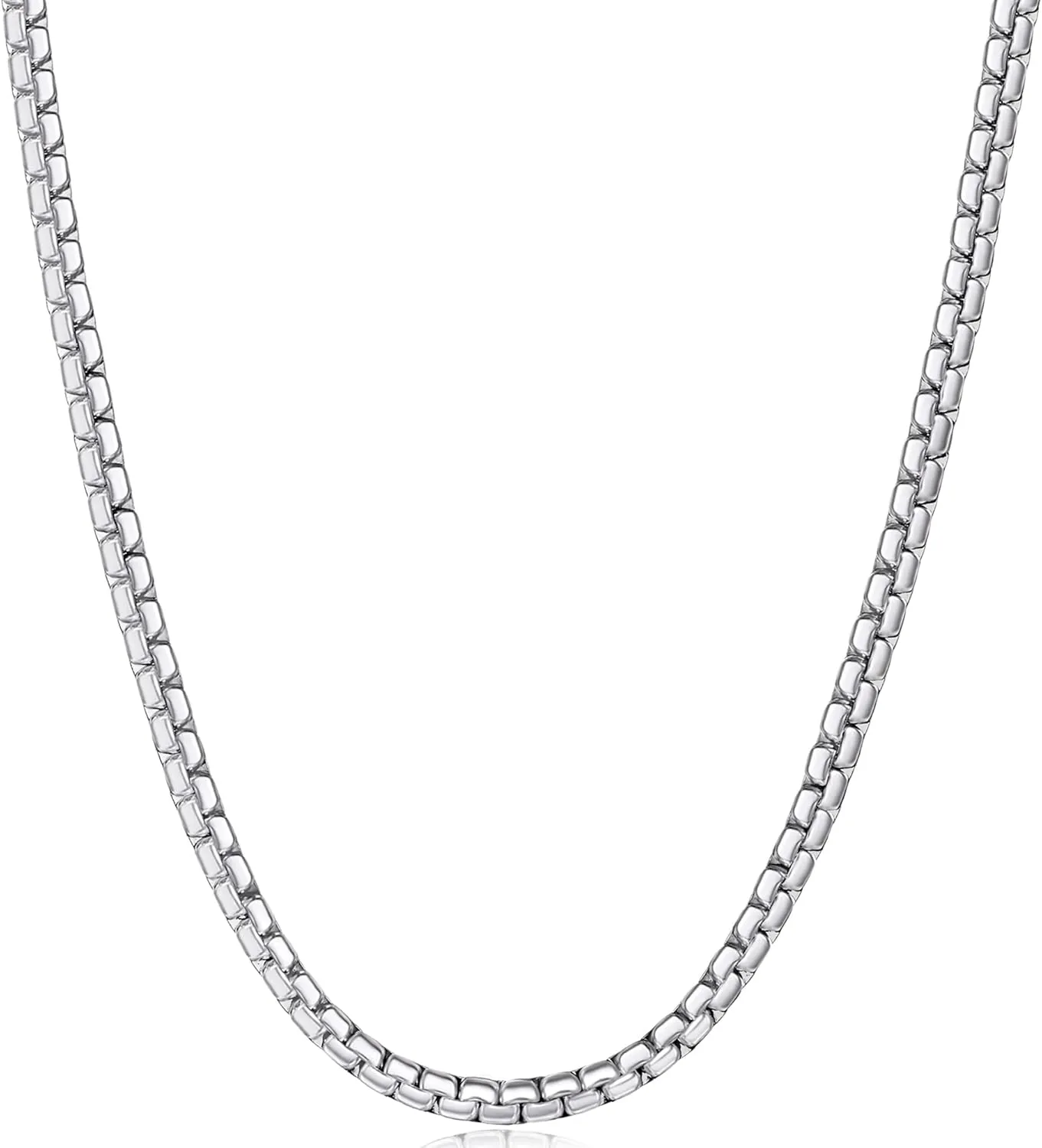 Fiusem Flat Box Chains for Men, 2.5/3/4/4.5/5mm Silver Tone Box Chain Necklace, Stainless Steel Necklaces for Men and Women 16-28 Inches, Jewelry Gift
