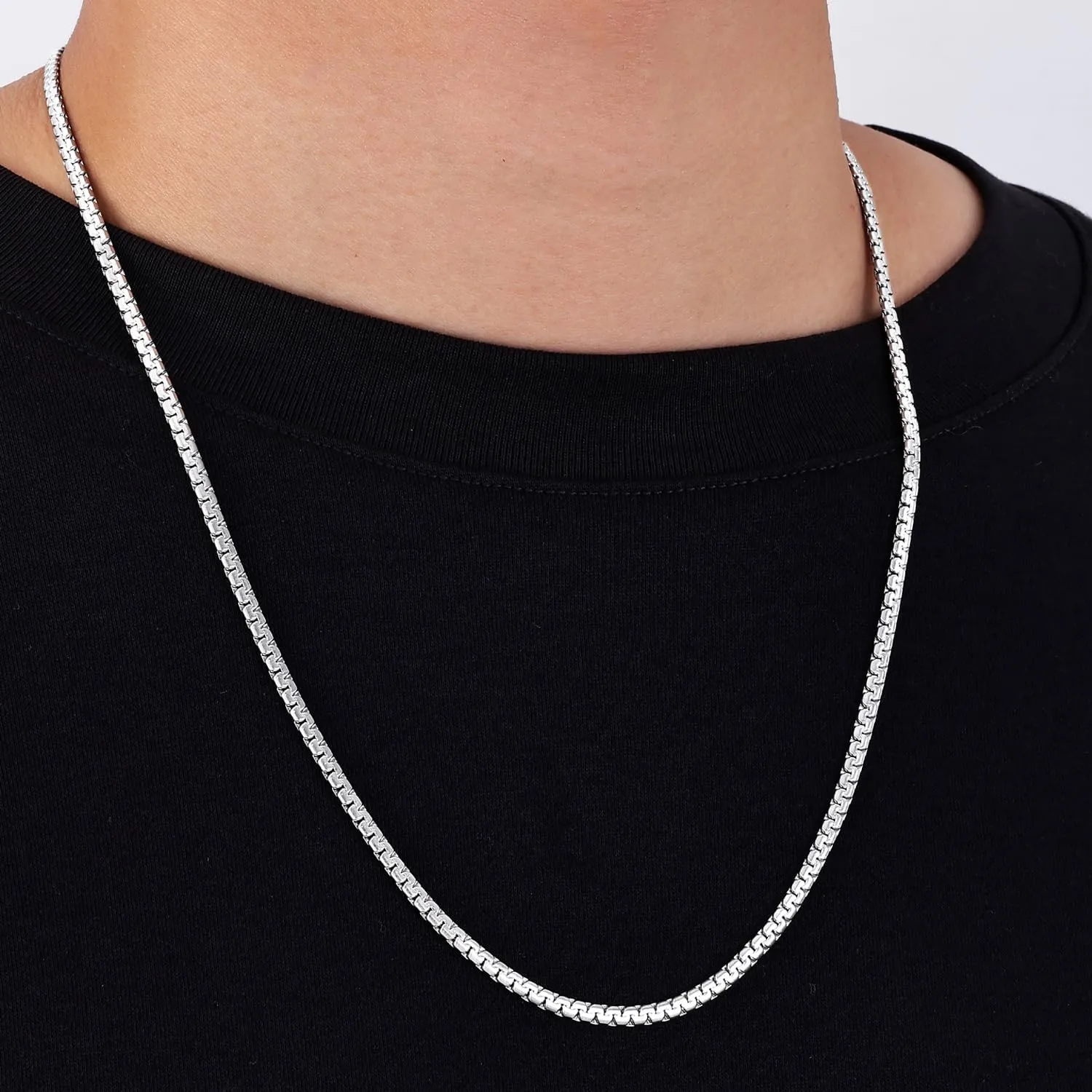 Fiusem Flat Box Chains for Men, 2.5/3/4/4.5/5mm Silver Tone Box Chain Necklace, Stainless Steel Necklaces for Men and Women 16-28 Inches, Jewelry Gift