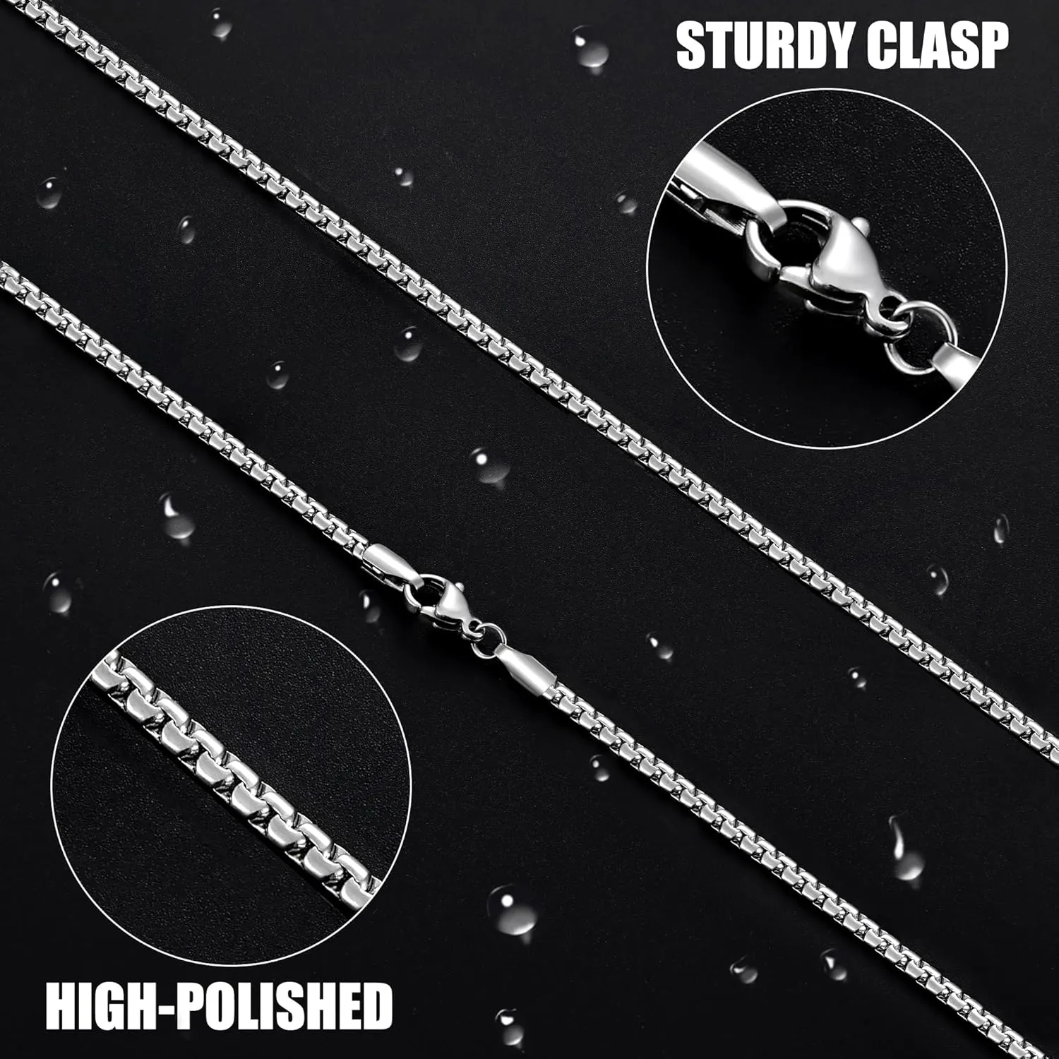 Fiusem Flat Box Chains for Men, 2.5/3/4/4.5/5mm Silver Tone Box Chain Necklace, Stainless Steel Necklaces for Men and Women 16-28 Inches, Jewelry Gift