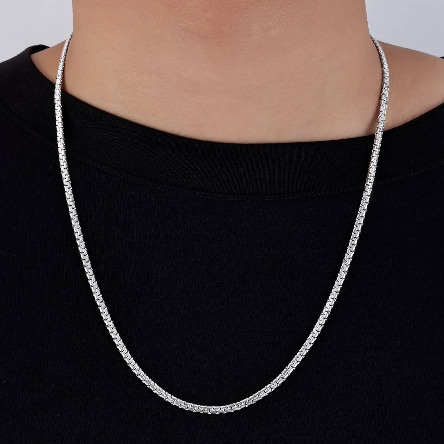 Fiusem Flat Box Chains for Men, 2.5/3/4/4.5/5mm Silver Tone Box Chain Necklace, Stainless Steel Necklaces for Men and Women 16-28 Inches, Jewelry Gift