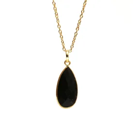 Gempires Black Obsidian Long Pear Bezel Faceted Gemstone Necklace with 18-Inch 14K Gold-Plated Chain ?C Elegant Teardrop Pendant Necklace for Women (Black Obsidian)