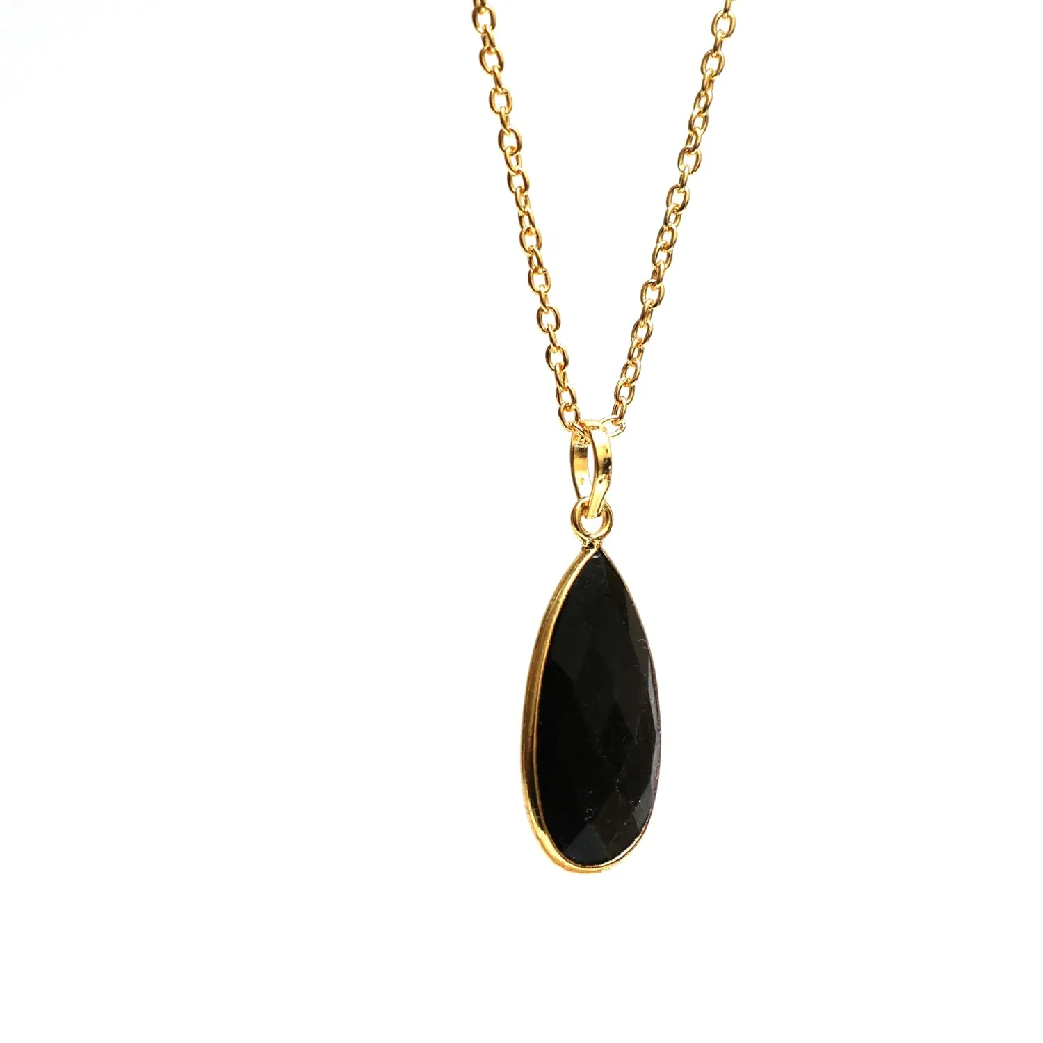 Gempires Black Obsidian Long Pear Bezel Faceted Gemstone Necklace with 18-Inch 14K Gold-Plated Chain ?C Elegant Teardrop Pendant Necklace for Women (Black Obsidian)