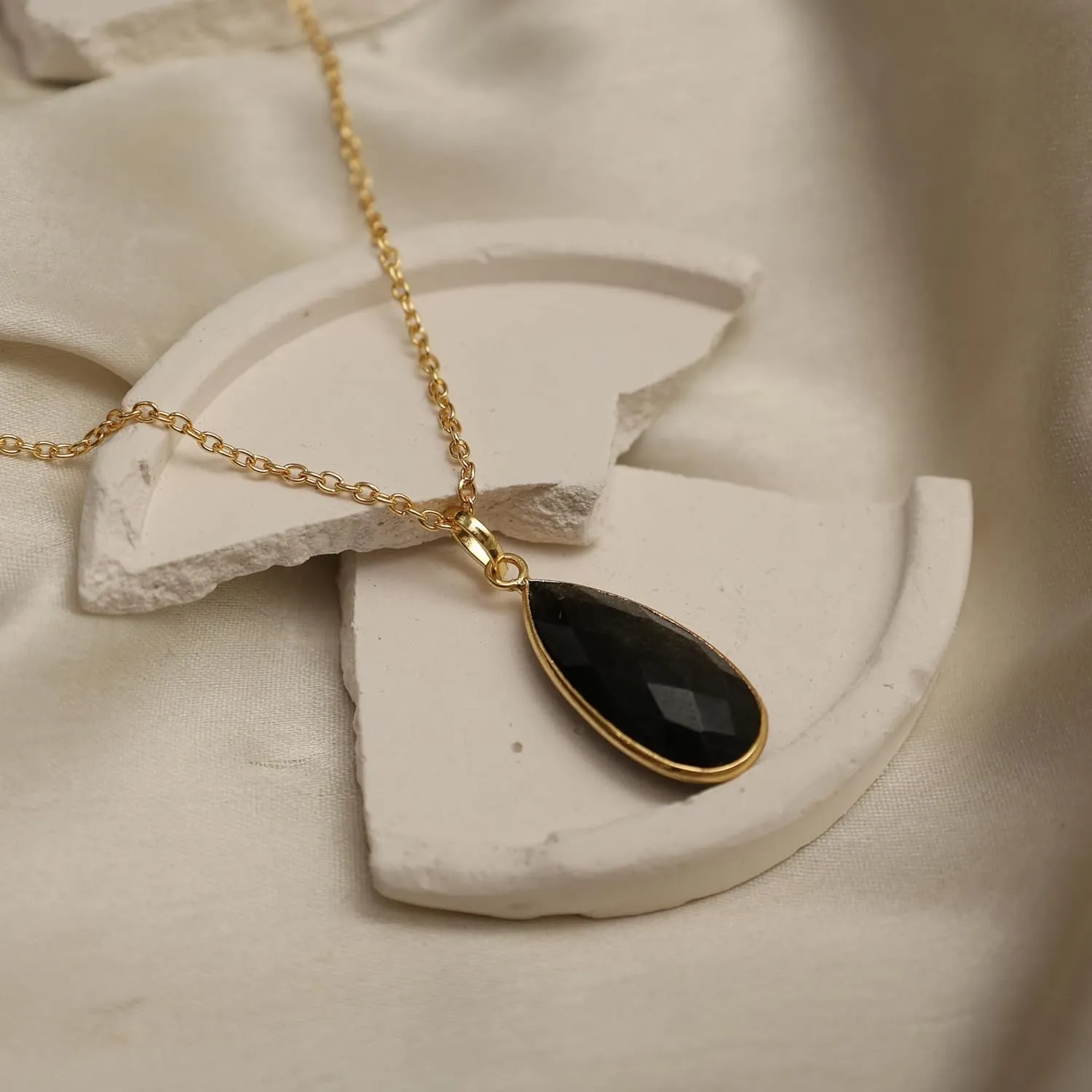 Gempires Black Obsidian Long Pear Bezel Faceted Gemstone Necklace with 18-Inch 14K Gold-Plated Chain ?C Elegant Teardrop Pendant Necklace for Women (Black Obsidian)