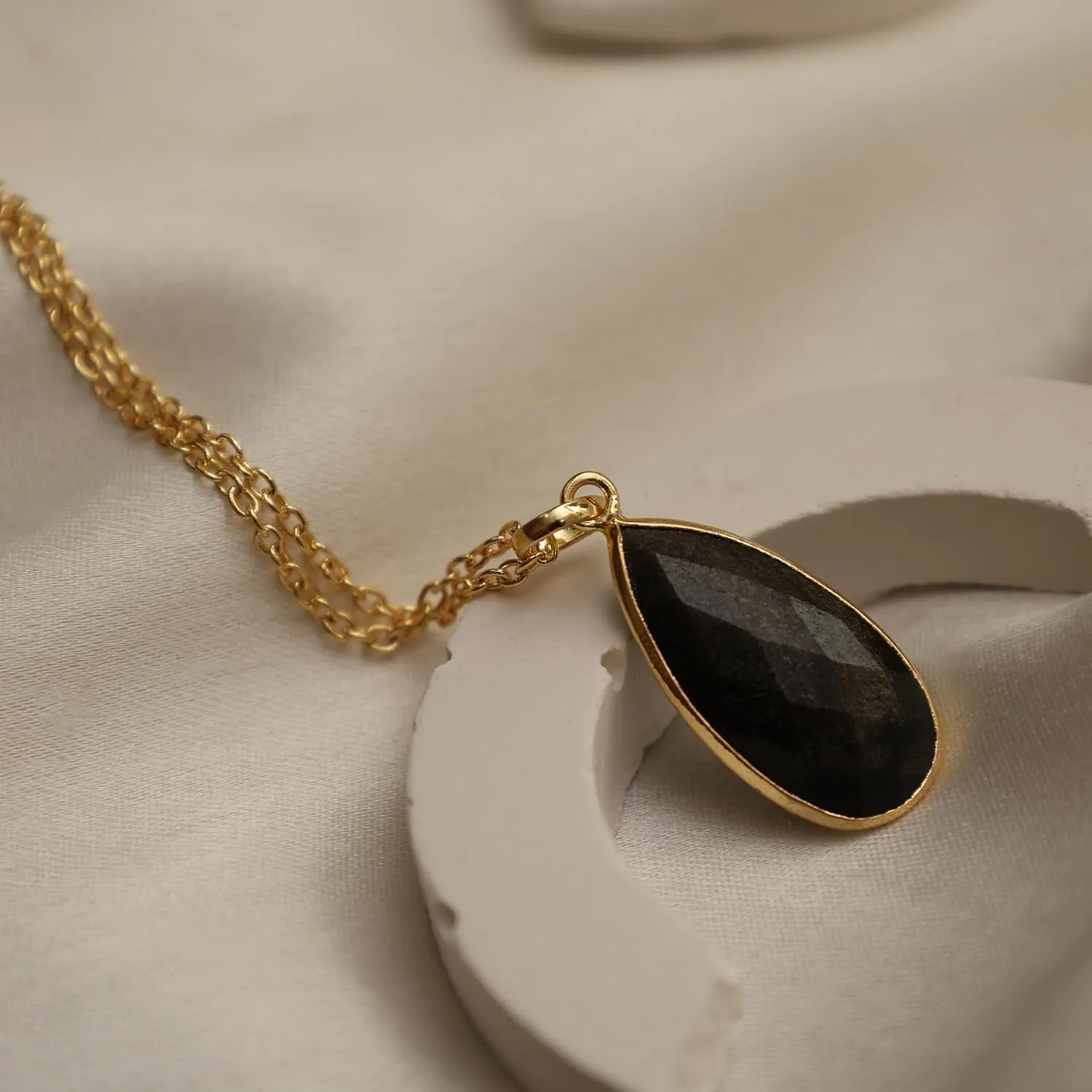 Gempires Black Obsidian Long Pear Bezel Faceted Gemstone Necklace with 18-Inch 14K Gold-Plated Chain ?C Elegant Teardrop Pendant Necklace for Women (Black Obsidian)