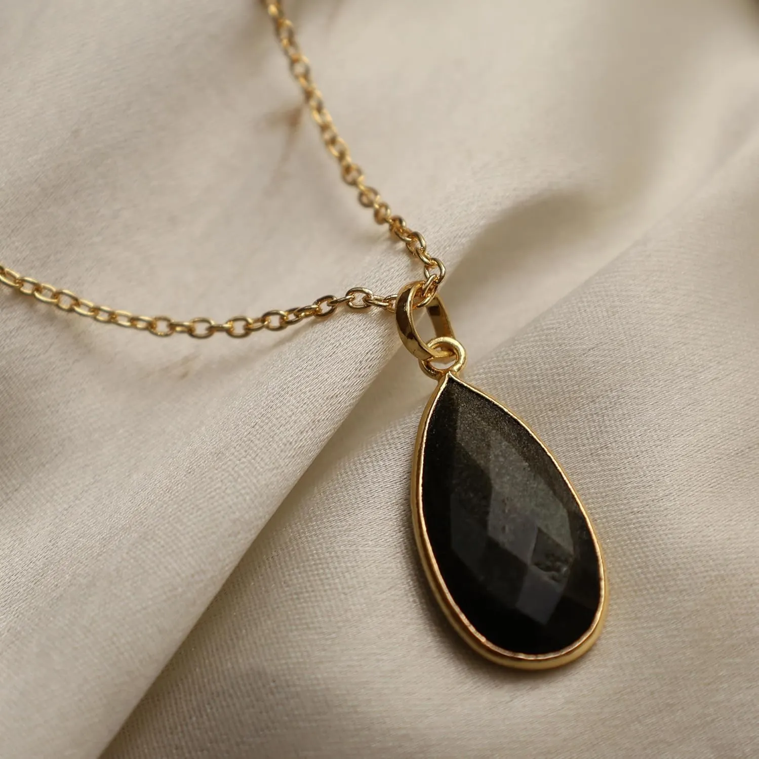 Gempires Black Obsidian Long Pear Bezel Faceted Gemstone Necklace with 18-Inch 14K Gold-Plated Chain ?C Elegant Teardrop Pendant Necklace for Women (Black Obsidian)
