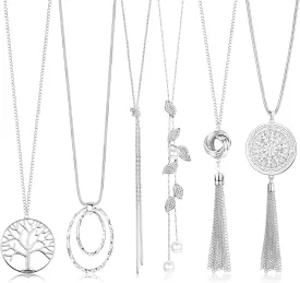 HAIAISO 6Pcs Long Necklaces for Women Tassel Pendant Necklace Circle Knot Bar Feather Leaf Sweater Necklace Statement Necklace for Women