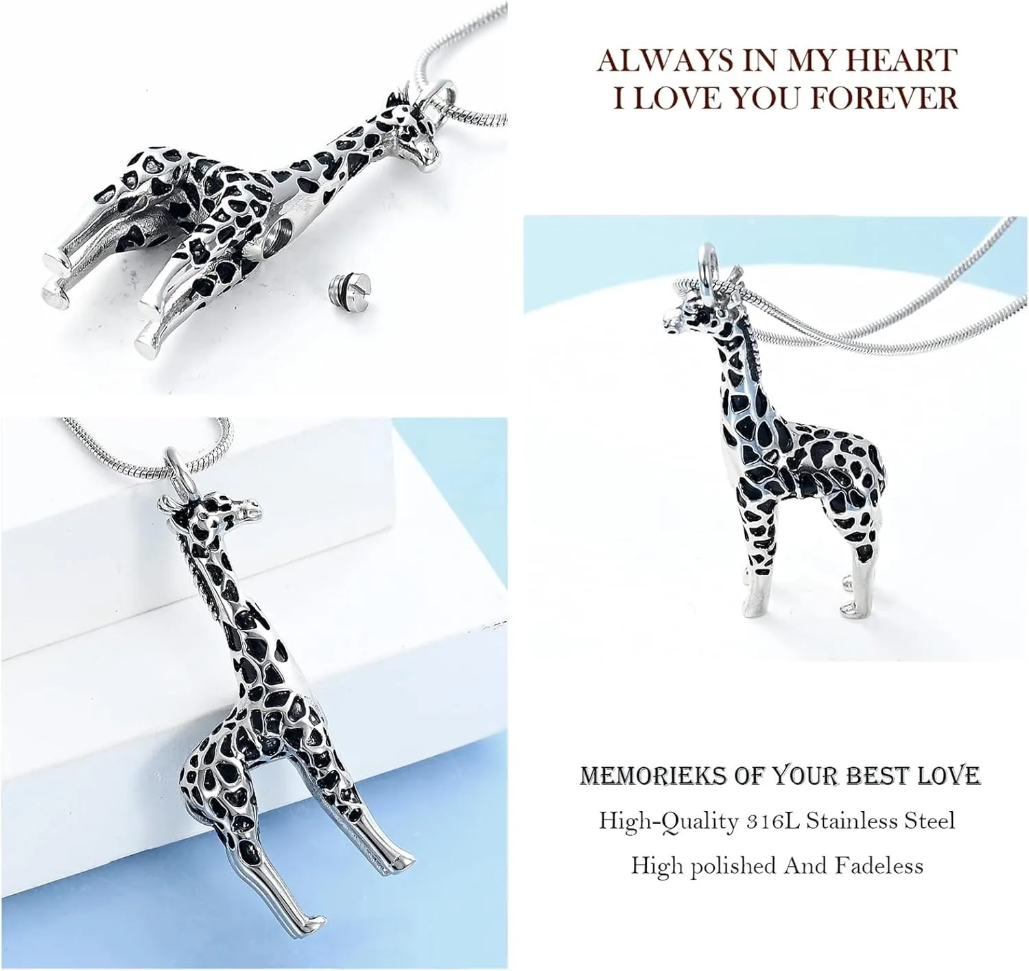 Hearbeingt Giraffe Cremation Ashes Jewelry Keepsake Pendant Necklace for Women Men Stainless Steel Urn Necklace for Ashes