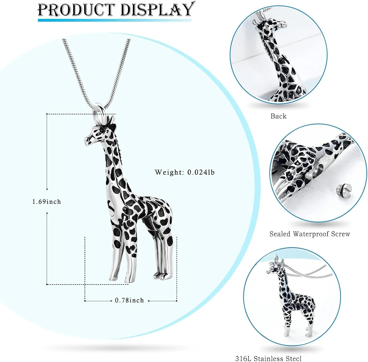 Hearbeingt Giraffe Cremation Ashes Jewelry Keepsake Pendant Necklace for Women Men Stainless Steel Urn Necklace for Ashes