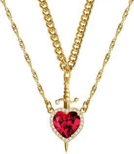 Heart Sword Necklace For Couples Him And Her Gold Silver Stainless Steel Cuban Water Ripple Chain Zirconia Dainty Trendy Matching Sword Through Heart Necklace Set Valentines Day Jewelry Gift