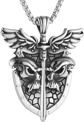 HZMAN Knight Templar Shield Necklace for Men Stainless Steel Retro Medieval Knight Sword Archangel Pendant Necklace Jewelry Gift
