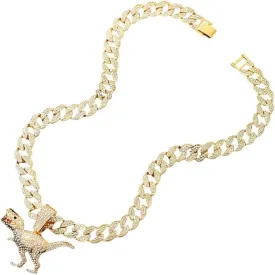 Iced Out Dinosaur Pendant for Men Hip Hop Gold Dinosaur Cuban Necklace, Cool Dinosaur Cuban Chain Necklace Rock Dinosaur Animal Necklace Men??s CZ Dinosaur Jewelry Rapper Dinosaur Necklace