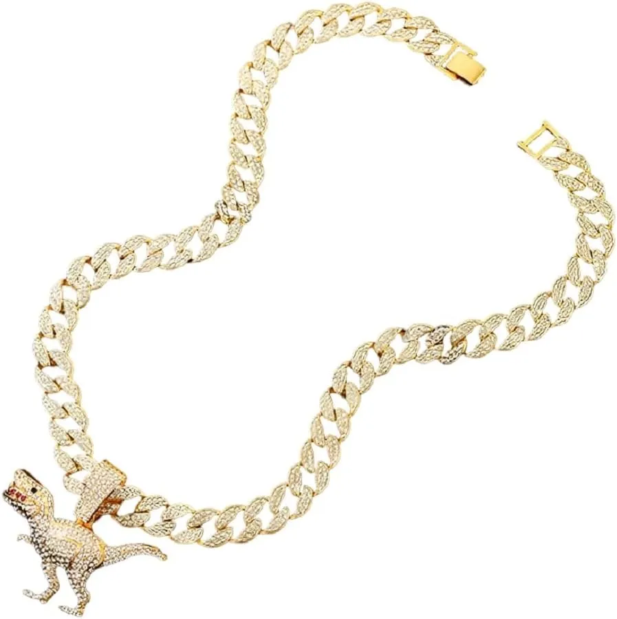 Iced Out Dinosaur Pendant for Men Hip Hop Gold Dinosaur Cuban Necklace, Cool Dinosaur Cuban Chain Necklace Rock Dinosaur Animal Necklace Men??s CZ Dinosaur Jewelry Rapper Dinosaur Necklace