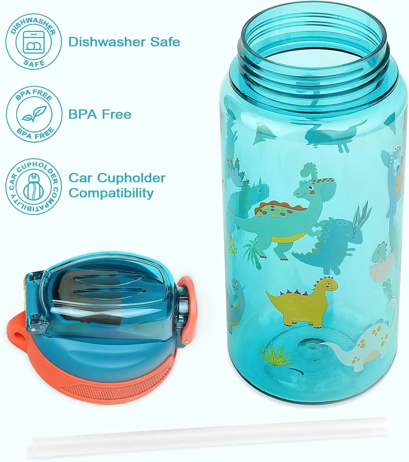 Kids Water Bottle for School or Travel, 20 Oz Durable Plastic Water Bottle with Silicone Straw and Pop-Up Spout Cover, BPA Free & Dishwasher Safe(Dinosaur)