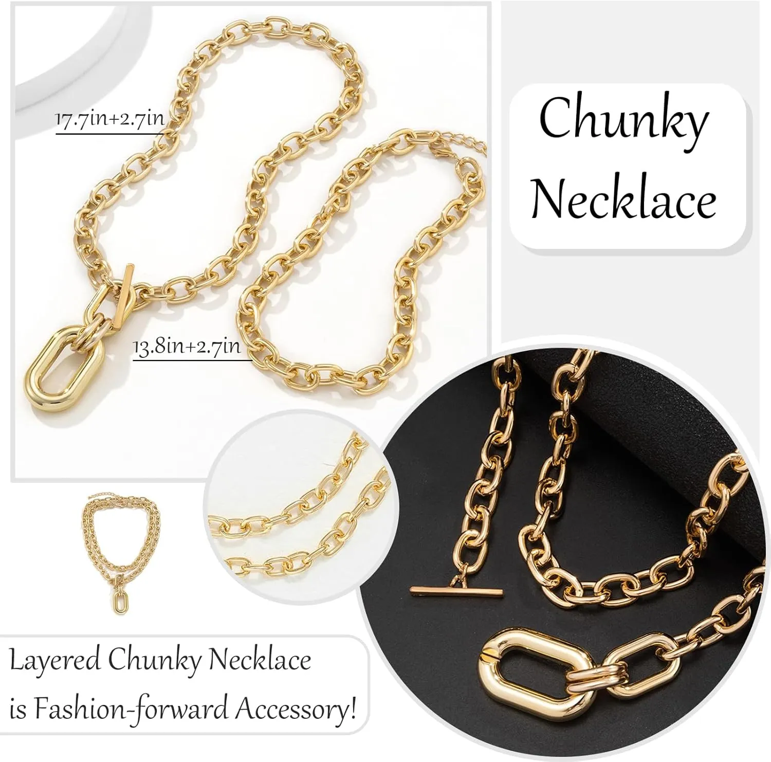 Long tiantian Chunky Gold Necklace Statement Necklace for Women's Jewelry Gold Chain Layered Toggle Clasp Necklaces Gifts