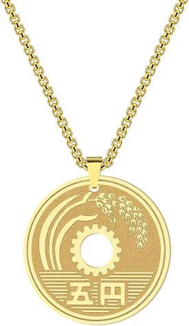 Lucky Japanese Coin Necklace 5 Yen Round Pendant Stainless Steel Trendy Jewelry For Women Men Good Luck Best Wish Gift