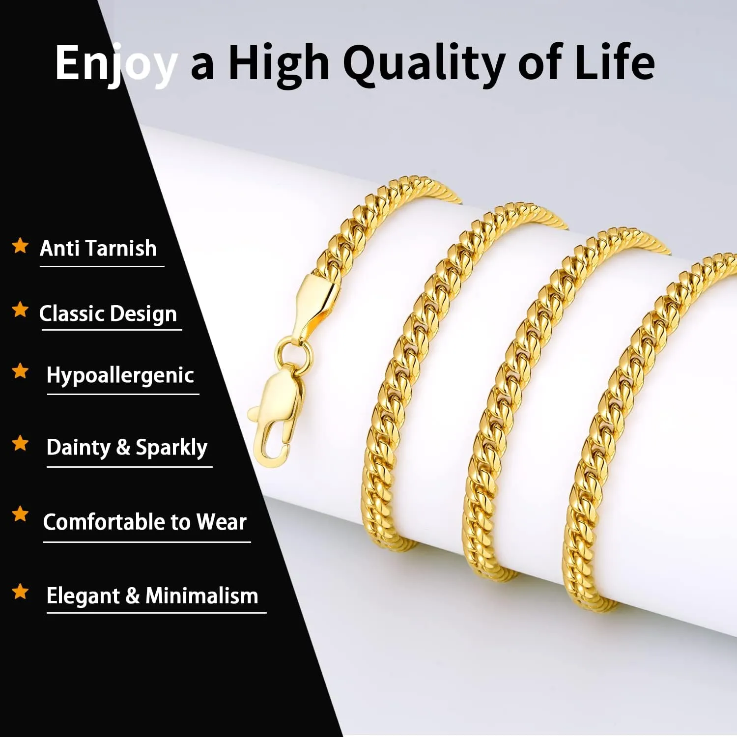 Momlovu Fathers Day Gifts Gold Chain Silver Chain for Men Boys, 4mm/6mm Non-Tarnish 18K Gold-Plated Cuban Link Chain, Cool Men's Necklace Chain 18/20/22/24/26 Inch, Durable Lobster Clasp