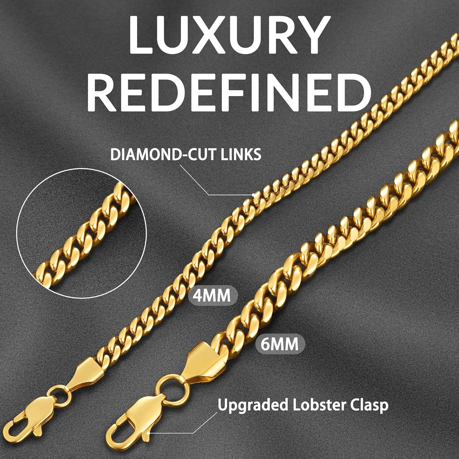 Momlovu Fathers Day Gifts Gold Chain Silver Chain for Men Boys, 4mm/6mm Non-Tarnish 18K Gold-Plated Cuban Link Chain, Cool Men's Necklace Chain 18/20/22/24/26 Inch, Durable Lobster Clasp
