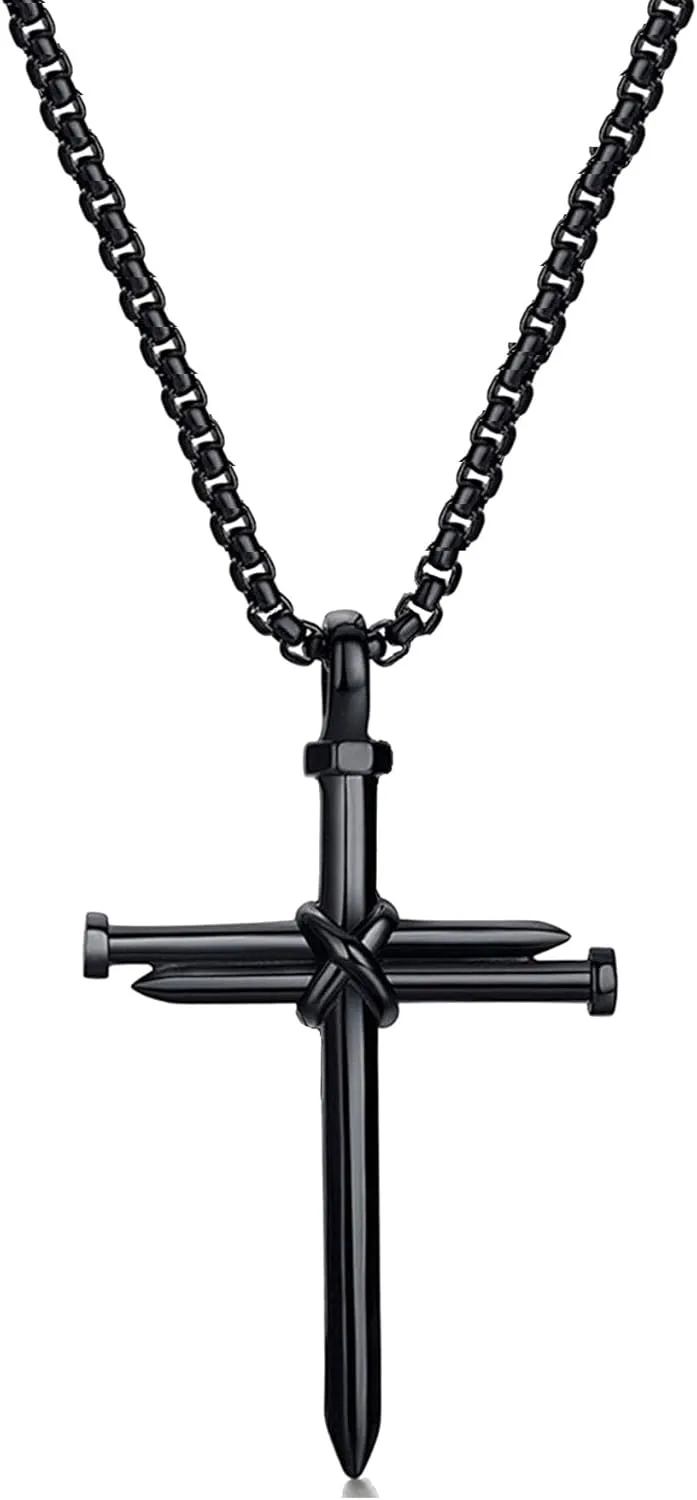 Nail Cross Necklace for Men Stainless Steel Vintage Polished Black Gold Silver Nail Cross Pendant Chain Cross Necklace Christian Jesus Jewelry Gifts