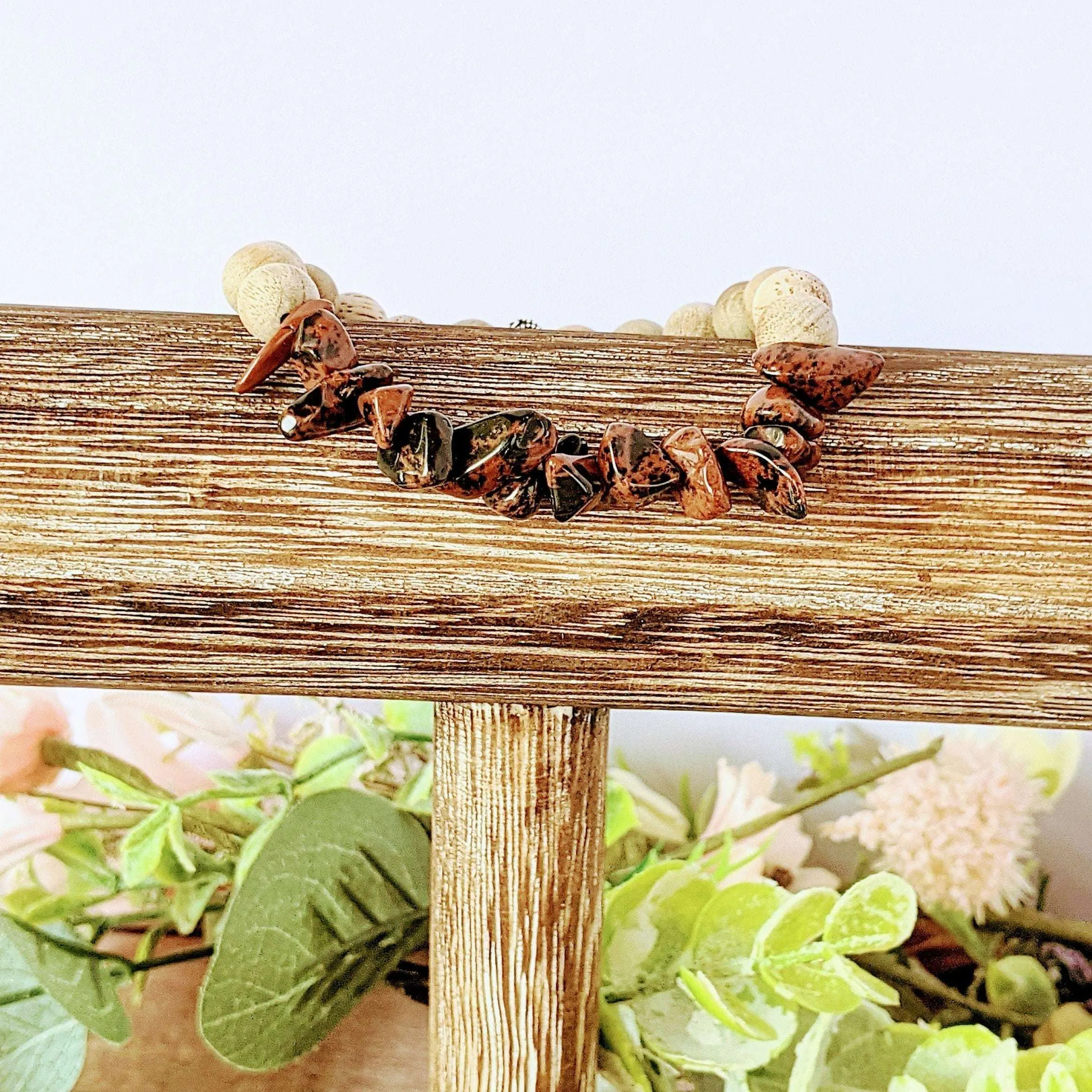 Natural Mahogany Obsidian Gemstone Chip Diffuser-Strength Bracelet