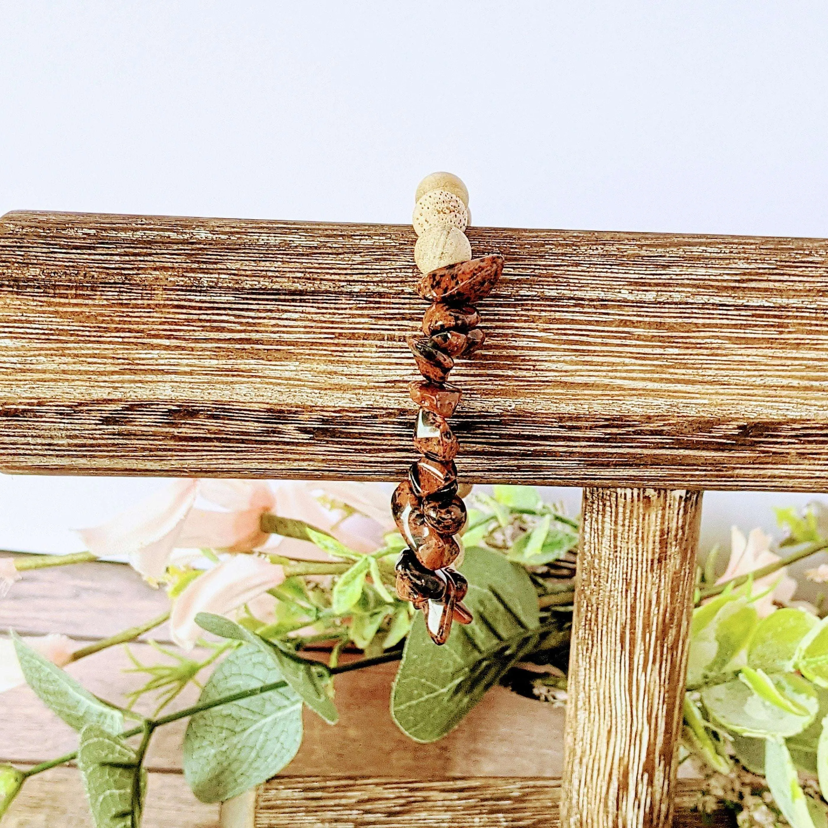 Natural Mahogany Obsidian Gemstone Chip Diffuser-Strength Bracelet