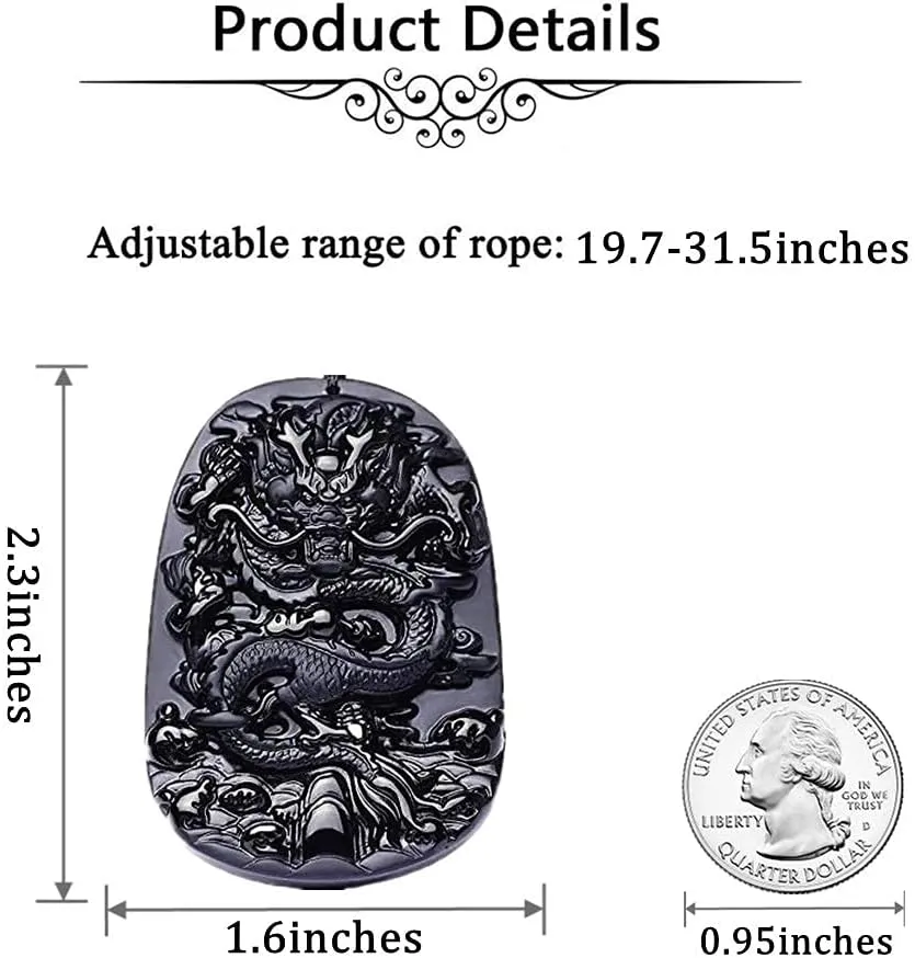 Natural Obsidian Necklace Lucky Amulet Protection Pendant with Adjustable Bead Chain Black Crystal Talisman Spiritual Jewelry Gift for Men Women