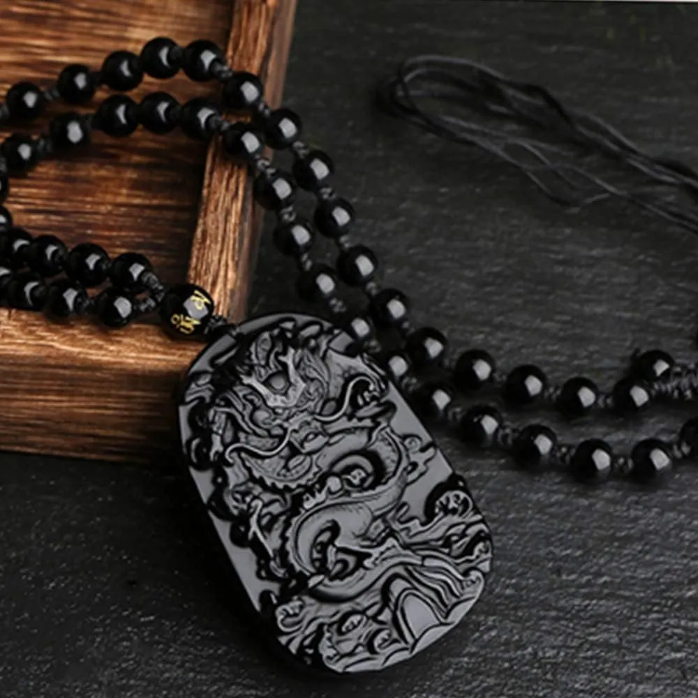 Natural Obsidian Necklace Lucky Amulet Protection Pendant with Adjustable Bead Chain Black Crystal Talisman Spiritual Jewelry Gift for Men Women