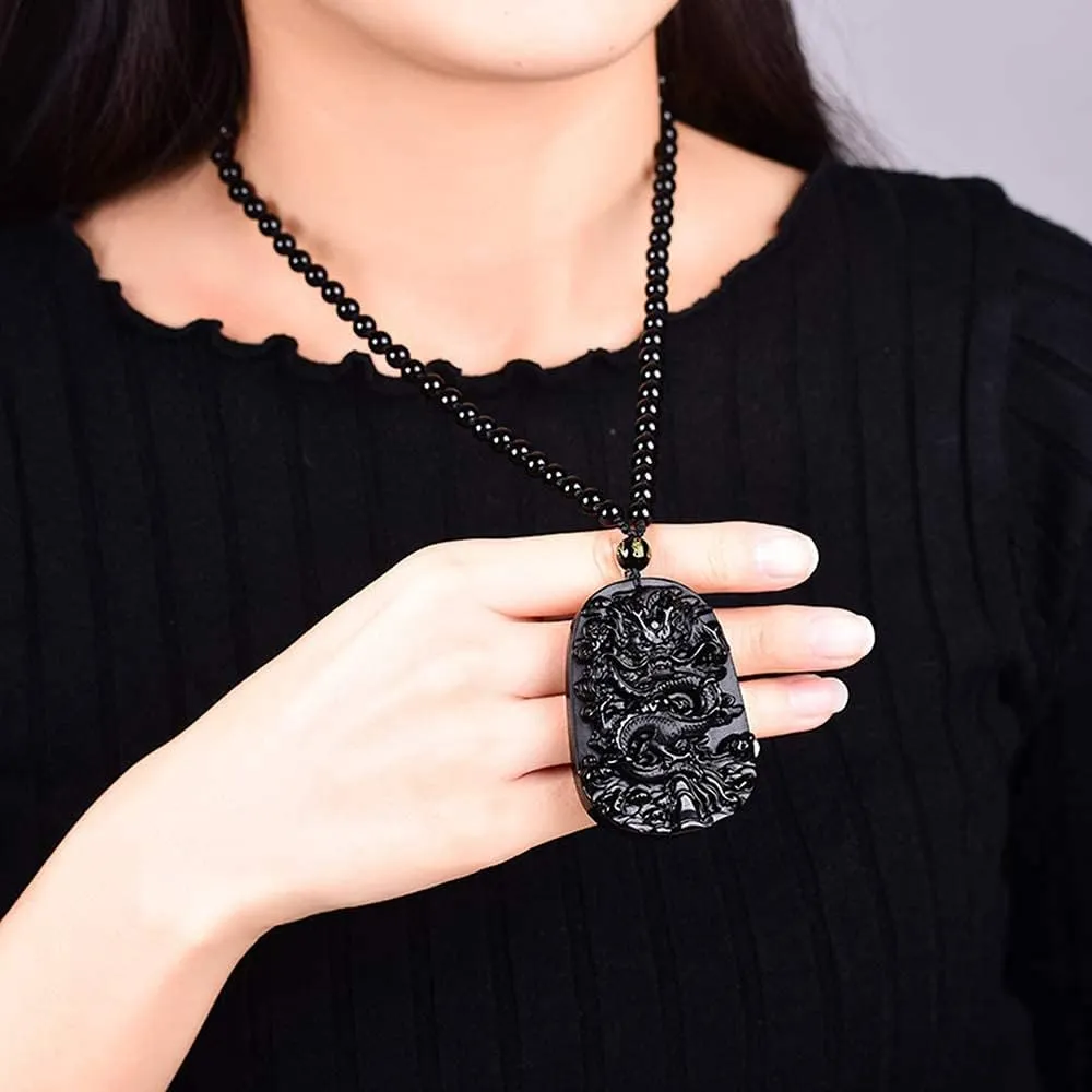 Natural Obsidian Necklace Lucky Amulet Protection Pendant with Adjustable Bead Chain Black Crystal Talisman Spiritual Jewelry Gift for Men Women