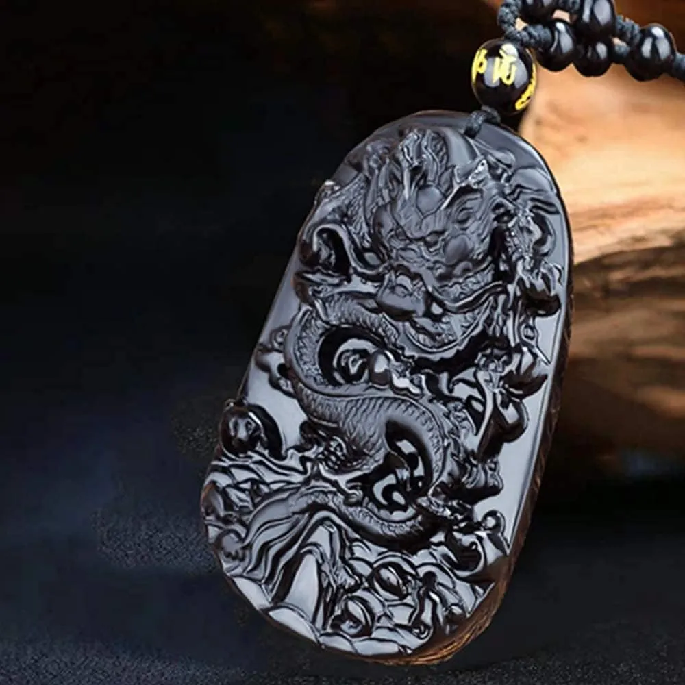 Natural Obsidian Necklace Lucky Amulet Protection Pendant with Adjustable Bead Chain Black Crystal Talisman Spiritual Jewelry Gift for Men Women