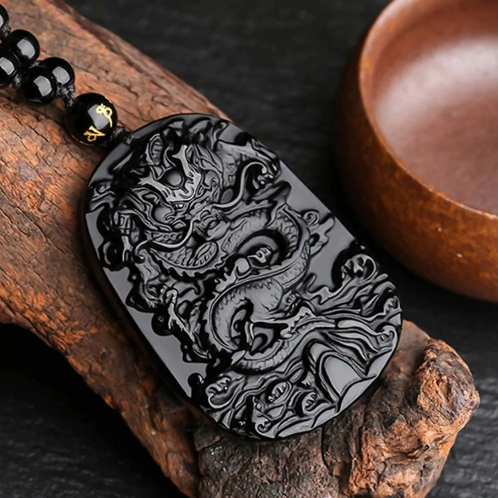 Natural Obsidian Necklace Lucky Amulet Protection Pendant with Adjustable Bead Chain Black Crystal Talisman Spiritual Jewelry Gift for Men Women