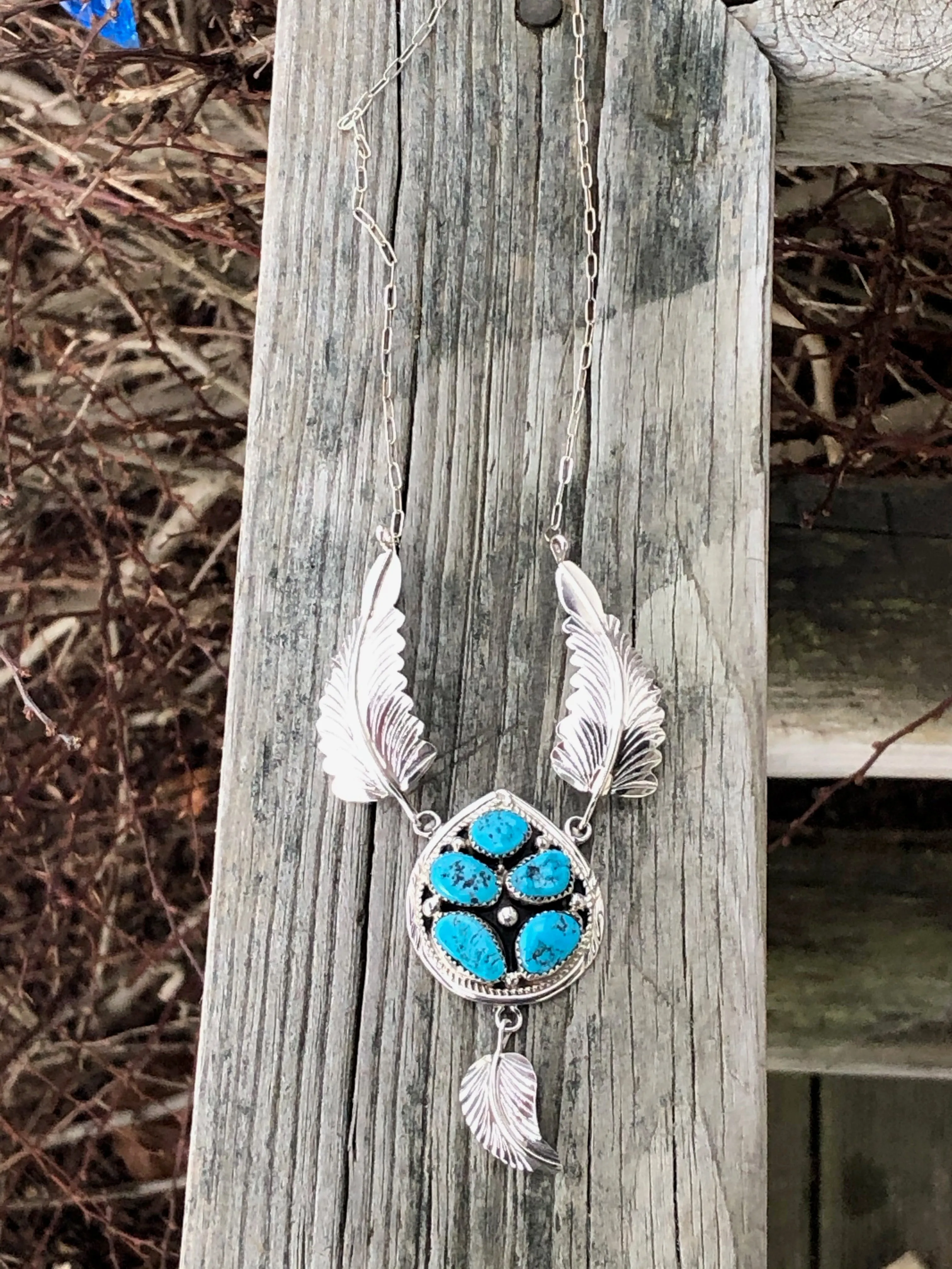 Navajo Turquoise 5 stone with Sterling silver feathers