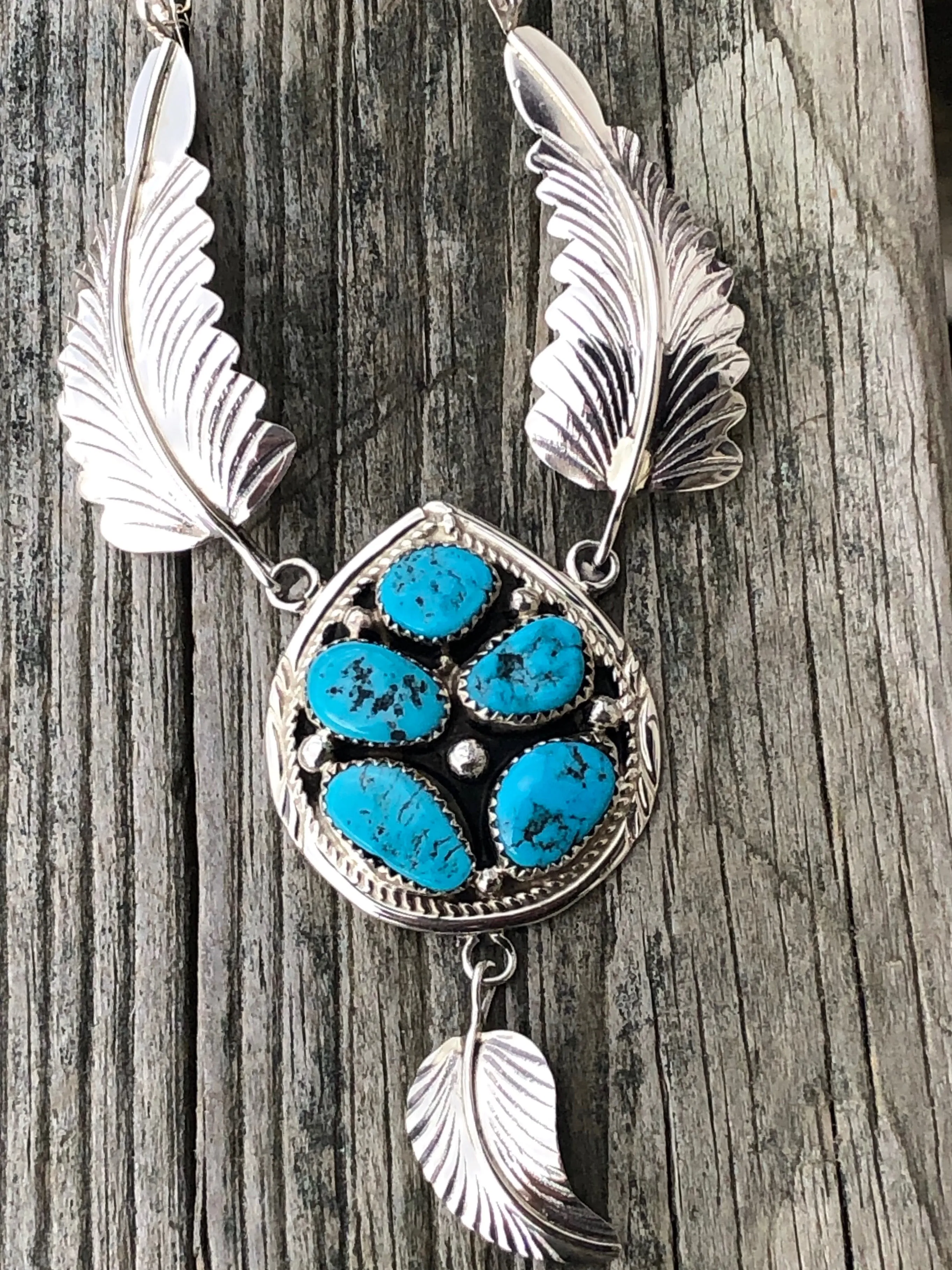 Navajo Turquoise 5 stone with Sterling silver feathers