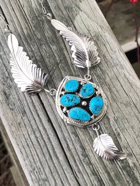 Navajo Turquoise 5 stone with Sterling silver feathers
