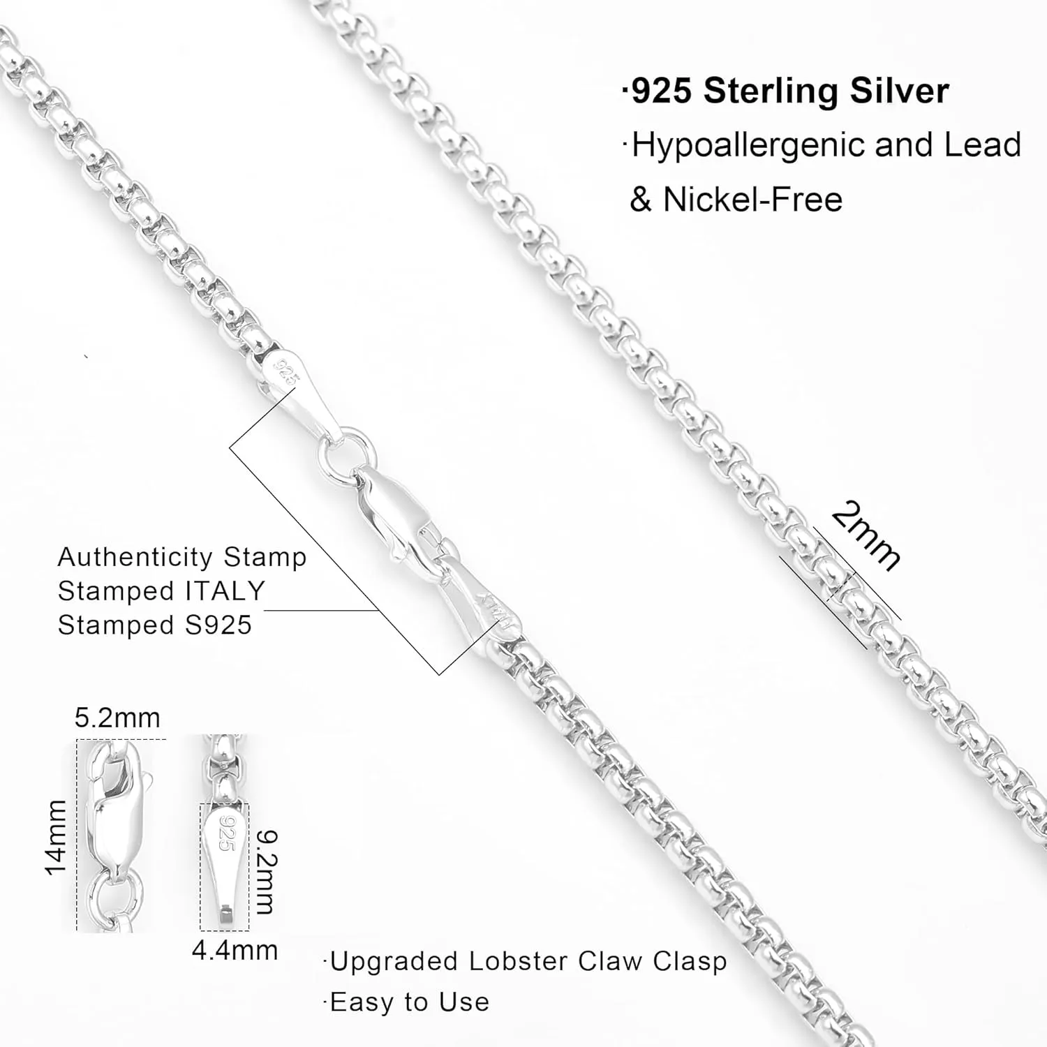 nometo Solid 925 Sterling Silver Box Chain Rope Chain Lobster Clasp Silver Chain for Men Silver Necklace Chain for Women 16/18/20/22/24/26/30 Inches