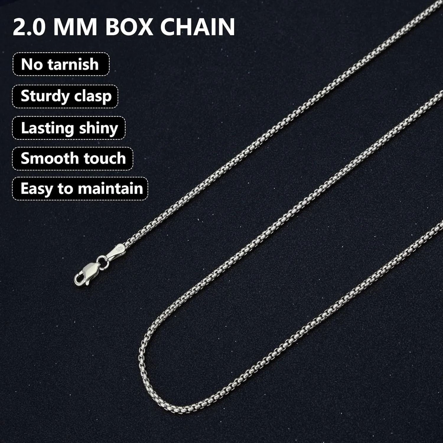 nometo Solid 925 Sterling Silver Box Chain Rope Chain Lobster Clasp Silver Chain for Men Silver Necklace Chain for Women 16/18/20/22/24/26/30 Inches