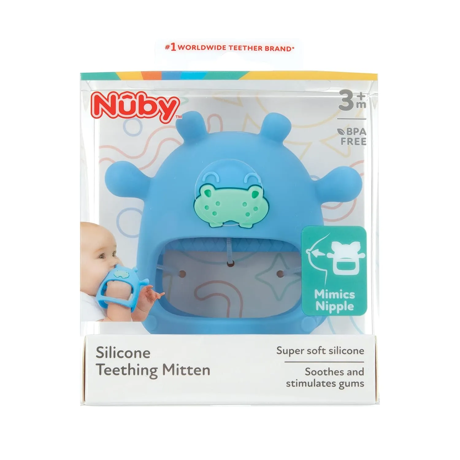 Nuby Silicone Wrist Teething Mitten - Baby Teether Ring - 3  Months - Hippo