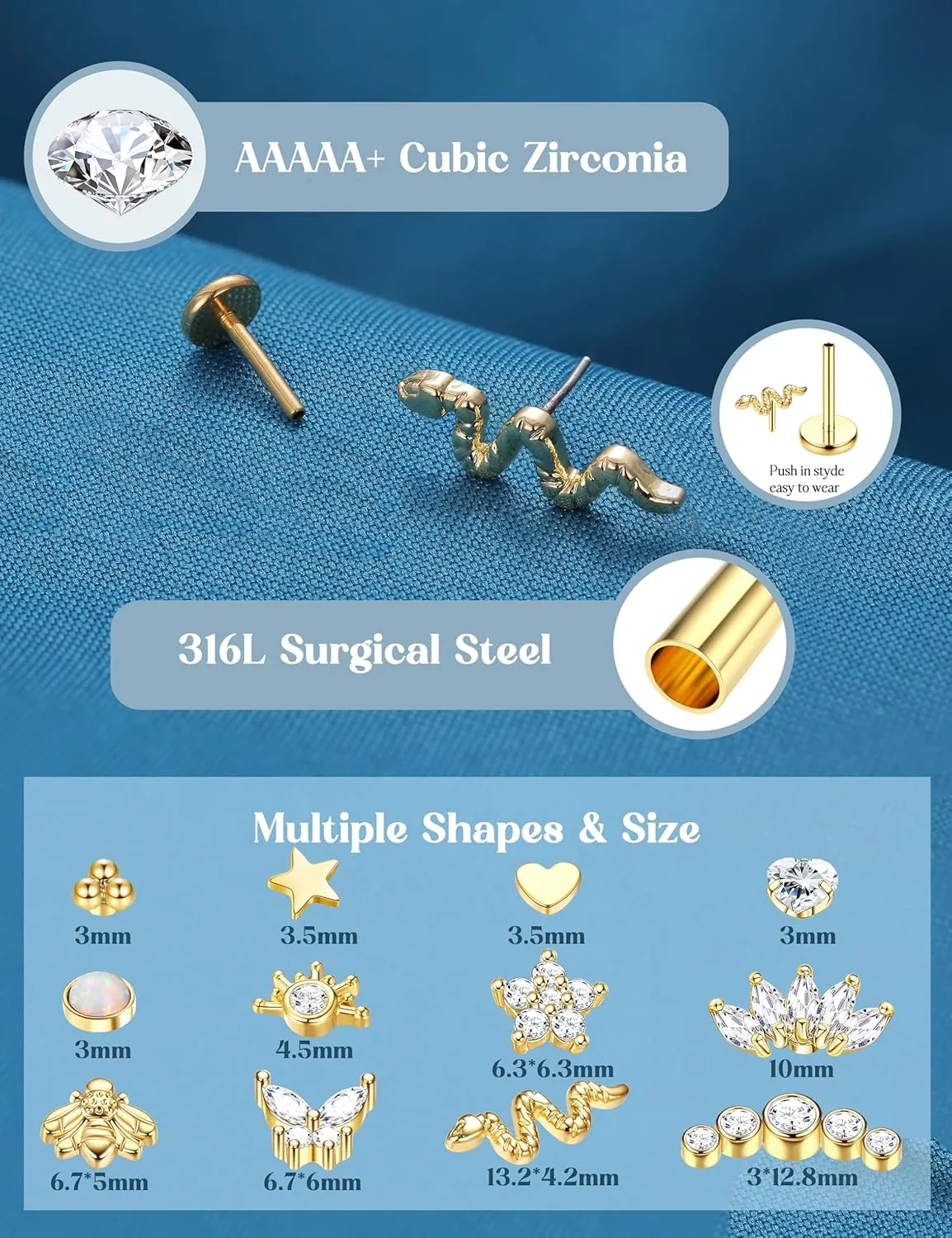 ORAZIO Push in Stud Earrings, 20G 18G Flat Back Earrings,Hypoallergenic Threadless Stud Multi-Pack, 14K Gold Plated 316L Surgical Steel Earring Sets, Push-in Cartilage Helix Tragus Nose Piercing Jewelry for Women